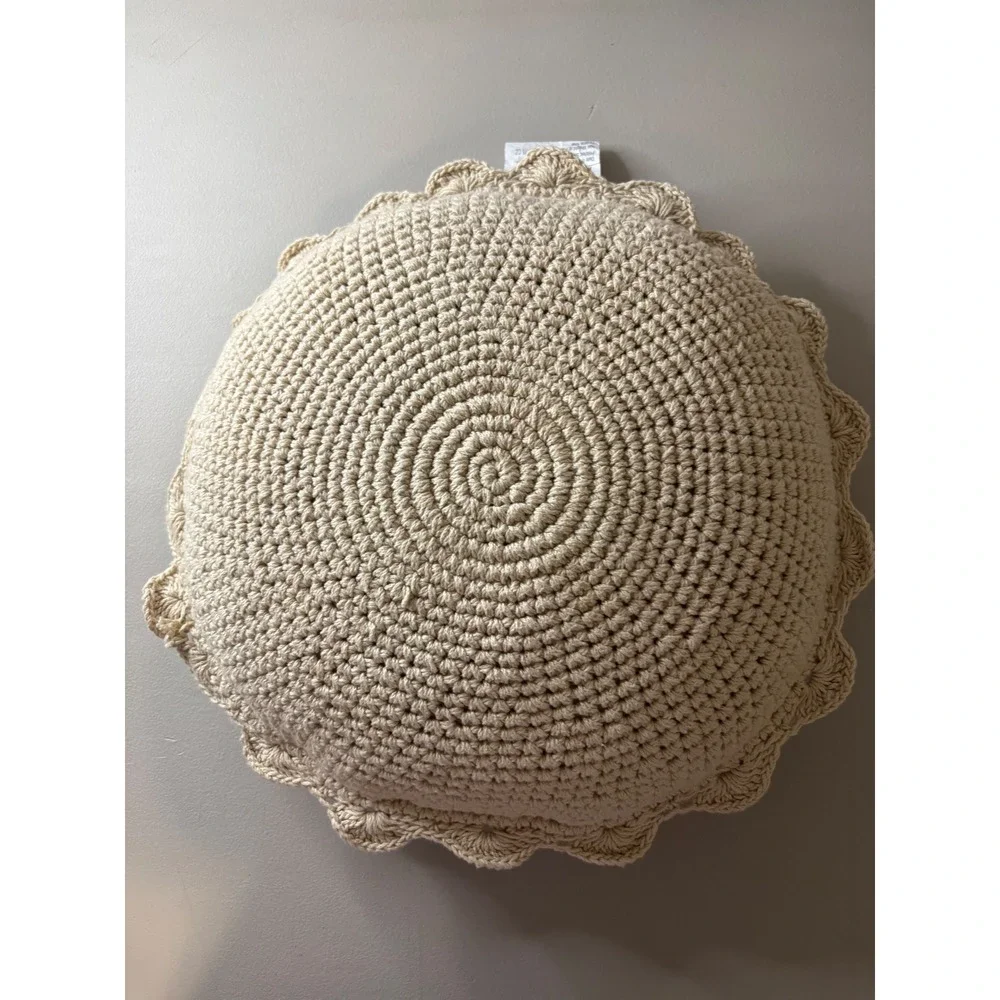 Threshold Crochet Round Toss Pillow Beige Scalloped Edge Boho 16 Inch Accent